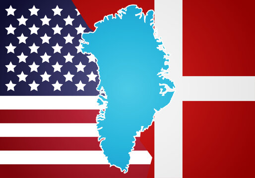 Silueta del mapa de groenlandia sobre las banderas de estados unidos de am&eacute;rica y dinamarca