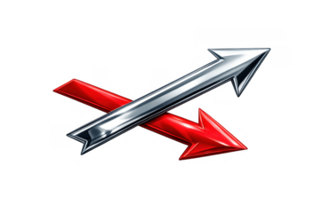 Silver and red 3d arrows crossing, representing conflicting directions, exchange, comparison, opposition, and choices. Transparent background