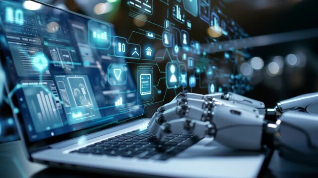 A robot arm interacting with a laptop displays the concept of data and artificial intelligence. The robot's arms are used by a laptop, the screen of which is filled with data visualization.