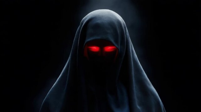 Hooded figure with glowing red eyes in dark atmosphere