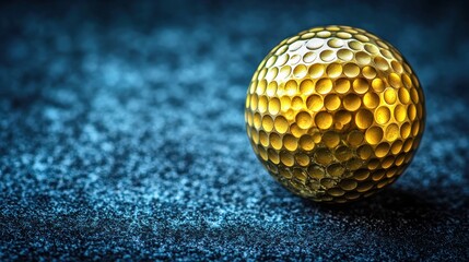 Golden golf ball textured surface, spotlight on dark blue speckled background