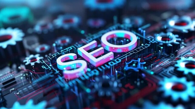 SEO with digital gears and circuit board concept. The image showcasing the letters SEO surrounded by various digital gears and circuit board components