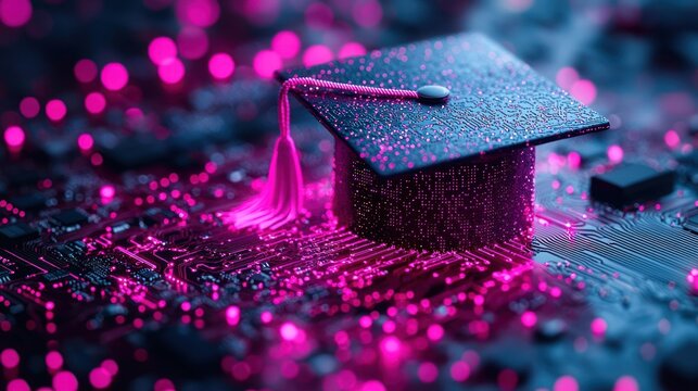 Graduation cap on a motherboard, pink glowing lights, circuit board details - Powered by Adobe