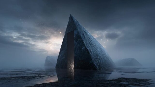 Mystical pyramid structure in misty sunset landscape