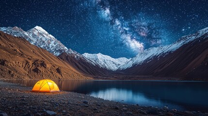Illuminated tent by lake, snowy mountains under a starry, Milky Way night sky