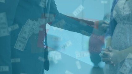 Animation of banknotes over caucasian businessman and woman at car dealer