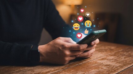 Person interacts with a green smartphone Glowing social media emojis hearts laughter thumbs up float above a wooden table in a softly lit room representing digital connec