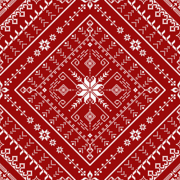 Large-scale red and white geometric surface pattern with symmetrical diamond layout and detailed pixel elements. Designed for bold visual surfaces, backgrounds, and decorative graphic applications.