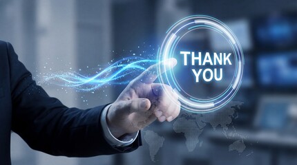 Professional hand reaching out and pressing a glowing virtual thank you button on a futuristic interface with a global map overlay bathed in blue light