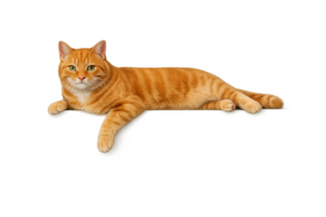 Orange tabby cat relaxing, looking at camera, red domestic pet animal lying down on transparent background