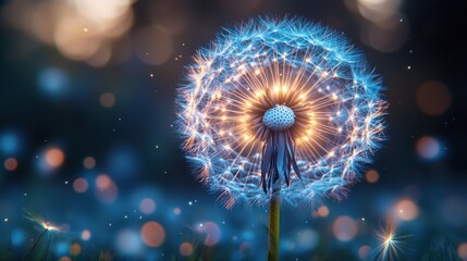 Luminous dandelion seed head glowing with ethereal blue light against dark bokeh