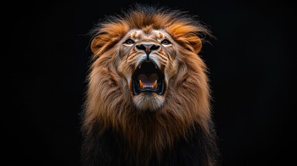 Fototapeta premium Majestic lion roars ferociously, framed against dark background, mane aflame