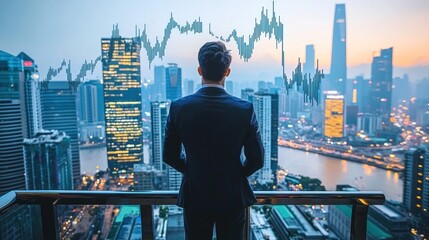 Man surveys city skyline with financial graph overlay; thoughtful posture