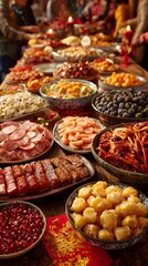 Fototapeta premium Chinese New Year Vibrant display of assorted sweets and treats arranged in baskets at a festive market.