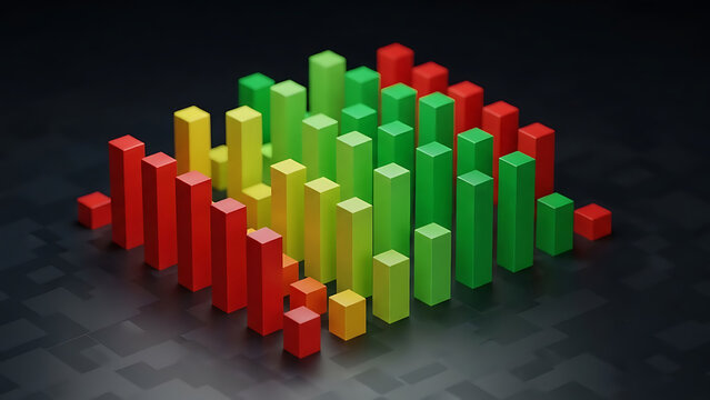 Fintech 3d data visualization of ascending red, yellow, and green bars on a dark gradient background, showcasing financial growth. - Powered by Adobe