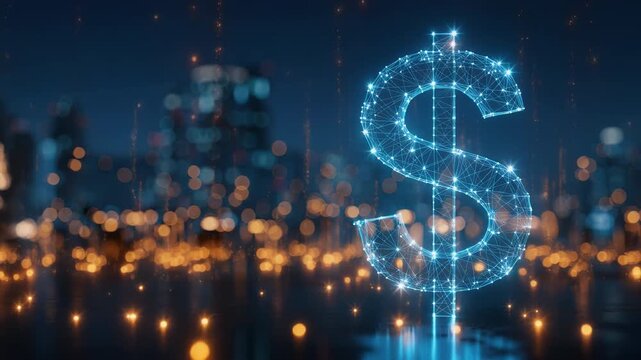 Glowing digital dollar symbol formed by connected data points over a blurred cityscape, illustrating modern finance, fintech innovation, and digital economy growth.