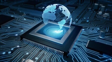 Holographic globe rising from a microchip, representing global connectivity, digital infrastructure, and advanced computing technology in a futuristic environment. - Powered by Adobe
