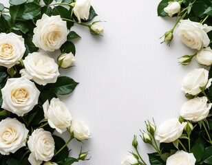 Delicate white roses flowers on a white background. Spring frame. Space for text. Color of the Year 2026, Cloud Dancer.