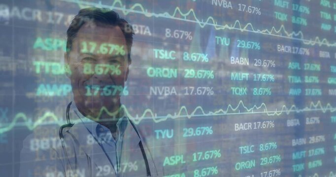 Animation of financial data processing over male doctor