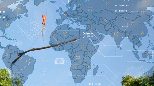 Animation of data processing over world map against construction site