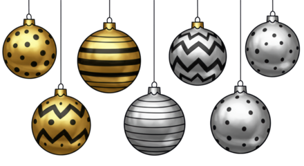 Highly reflective gold and silver christmas baubles featuring bold geometric doodle patterns and heavy black outlines, suspended against a transparent void; clean graphic design concept