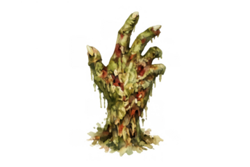 Zombie hand reaching out from the grave, undead creature with rotting flesh and dripping slime, halloween horror concept