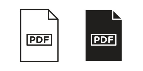 PDF file icons in a black filled and outlined style. Set of vector icons