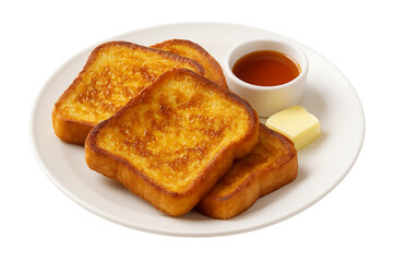 Delicious golden brown French toast served with butter and maple syrup on a white plate for a perfect breakfast