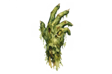 Undead zombie hand illustration with green rotting skin and exposed bone details, reaching up. Transparent background