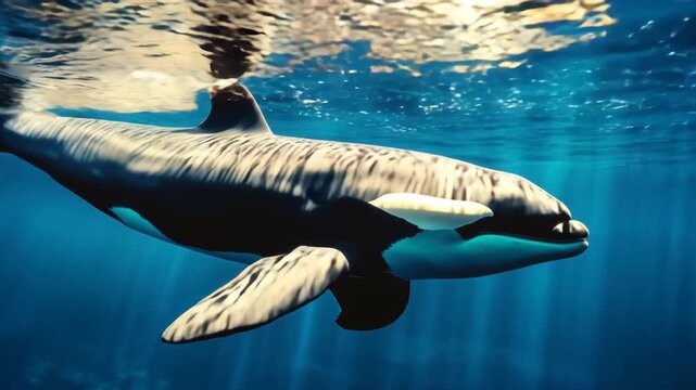A majestic orca swimming gracefully in the deep blue ocean. The orca's striking black and white patterns are visible. The scene evokes a sense of wonder and awe.