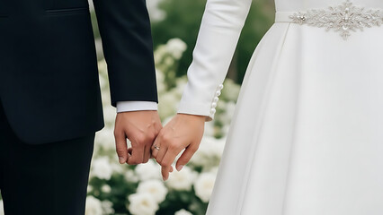 A heartfelt close-up of a bride and groom's interlocked hands, signifying the beautiful start of their lifelong journey together and profound marital bond