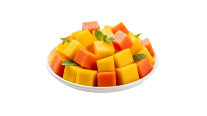 Bowl of fresh cut mango cubes mint