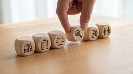 A human hand carefully selects a wooden cube featuring a magnifying glass icon with a bar chart symbol from a row of business concept blocks on a light wooden table surfa