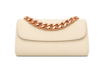 Cream clutch bag displaying a gold chain handle, an elegant luxury fashion accessory for women on transparent background