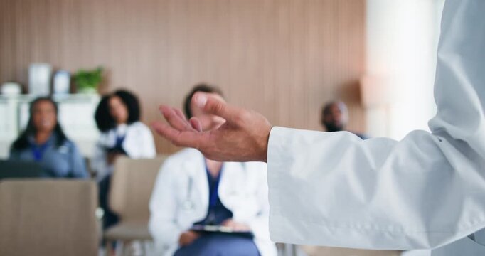 Hands, speaker or audience with medical workshop in conference room, surgery training or cardiology talk. Listen, healthcare seminar or person with speech for heart operation lecture, doctors or info