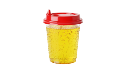 Clear plastic cup with yellow bubbly beverage and red lid