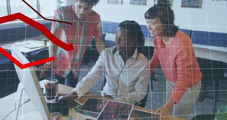 Animation of statistical data processing over group of colleagues discussing together at office - Powered by Adobe