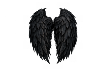 Dark fantasy black bird wings preparing for flight, representing fallen angel, demon, or gothic mystical concept, transparent background