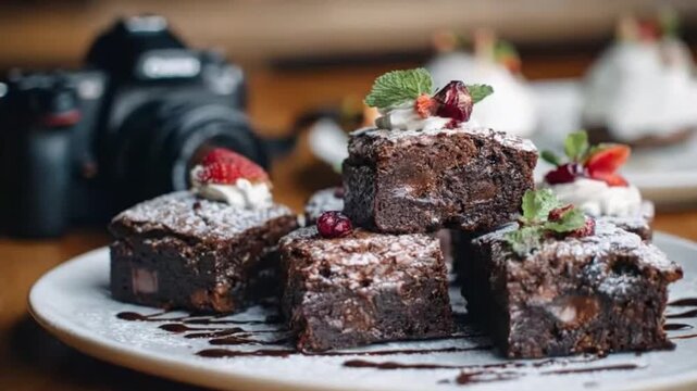 A captivating close-up captures a stack of rich, square chocolate brownies, meticulously arranged and generously dusted with powdered sugar. Each delectable piece is beautifully garnished with a dollo