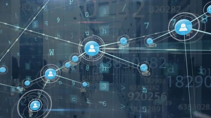 Animation of network of connections with icons over computer servers - Powered by Adobe