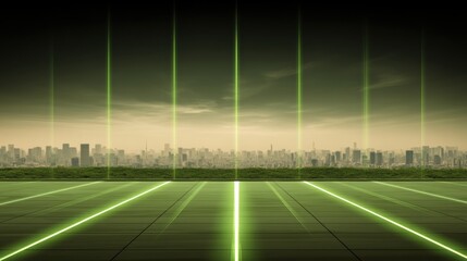 Futuristic green landing grid facing a hazy megacity with vertical data beams, customizable and editable—ideal for smart-city, AI, and innovation campaign banners.