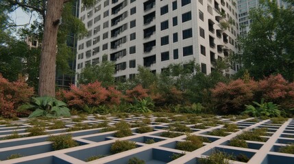 Urban eco courtyard with lush planting and geometric paving by modern apartments, customizable and editable—ideal for sustainability reports, green architecture articles, and real-estate marketing.
