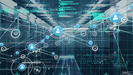 Animation of network of connections with icons and data processing over server room - Powered by Adobe