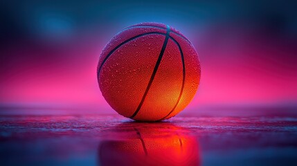 Obraz premium Wet basketball reflects on glossy surface with neon pink and blue glow