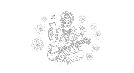 Detailed line art depiction of goddess saraswati playing a veena instrument