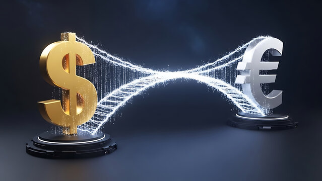 Fintech 3d data visualization of currency exchange between dollar and euro with glowing particles and energy streams. - Powered by Adobe