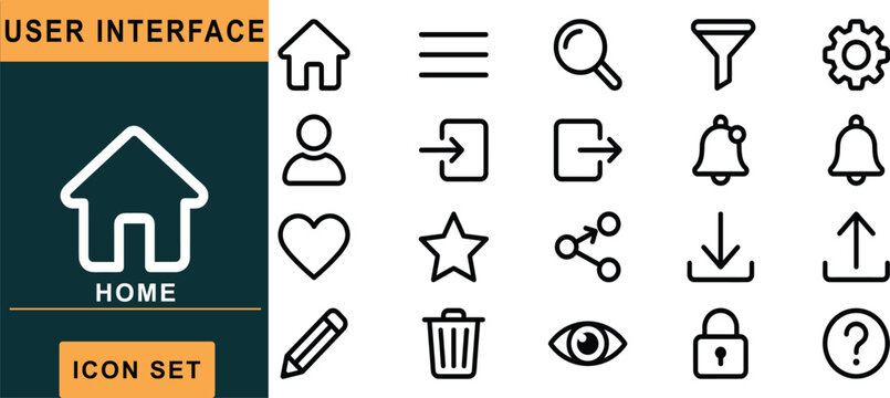 User interface icon set, labeled grid layout, essential navigation symbols, home theme, black outline, isolated, vector graphic - Powered by Adobe