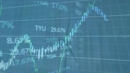 Animation of financial and stock market data processing over spinning windmills against grey sky - Powered by Adobe