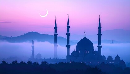 A silhouette of the historic Ottoman Blue Mosque at sunset showcases iconic domes and minarets against the Istanbul sky, a landmark of Turkish religion and architecture in Sultanahmet, Turkey