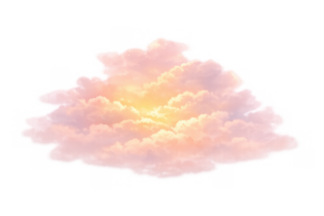 Fluffy pink cloud with golden light on transparent background, symbolizing dreams, imagination, and heavenly beauty